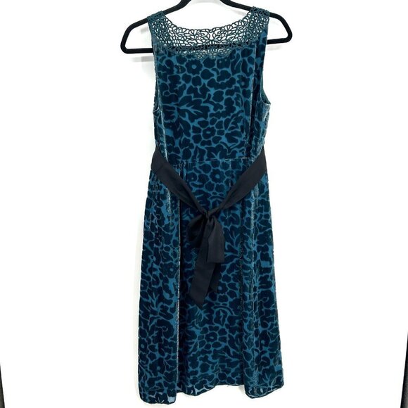 ANTHROPOLOGIE Moulinette Soeurs *FLAWED* Teal Blue Patterned Velvet Silk Dress 4 - Picture 3 of 10